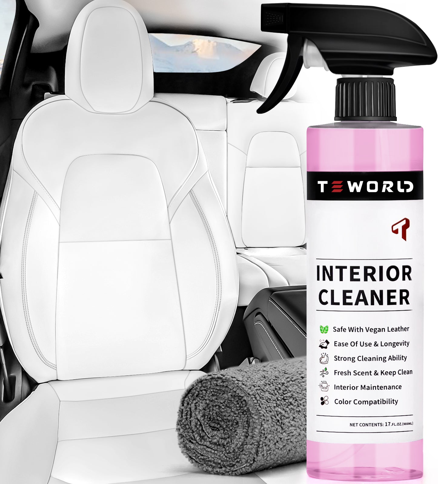 Tesla Seat Cleaner & Remover Stain, Interior Cleaner for White & Black Vegan Leather, Interior Cleaning Kit for Seats, Console, Dash, Tesla Model 3, Y, S, X, Cybertruck Accessories (Pink)