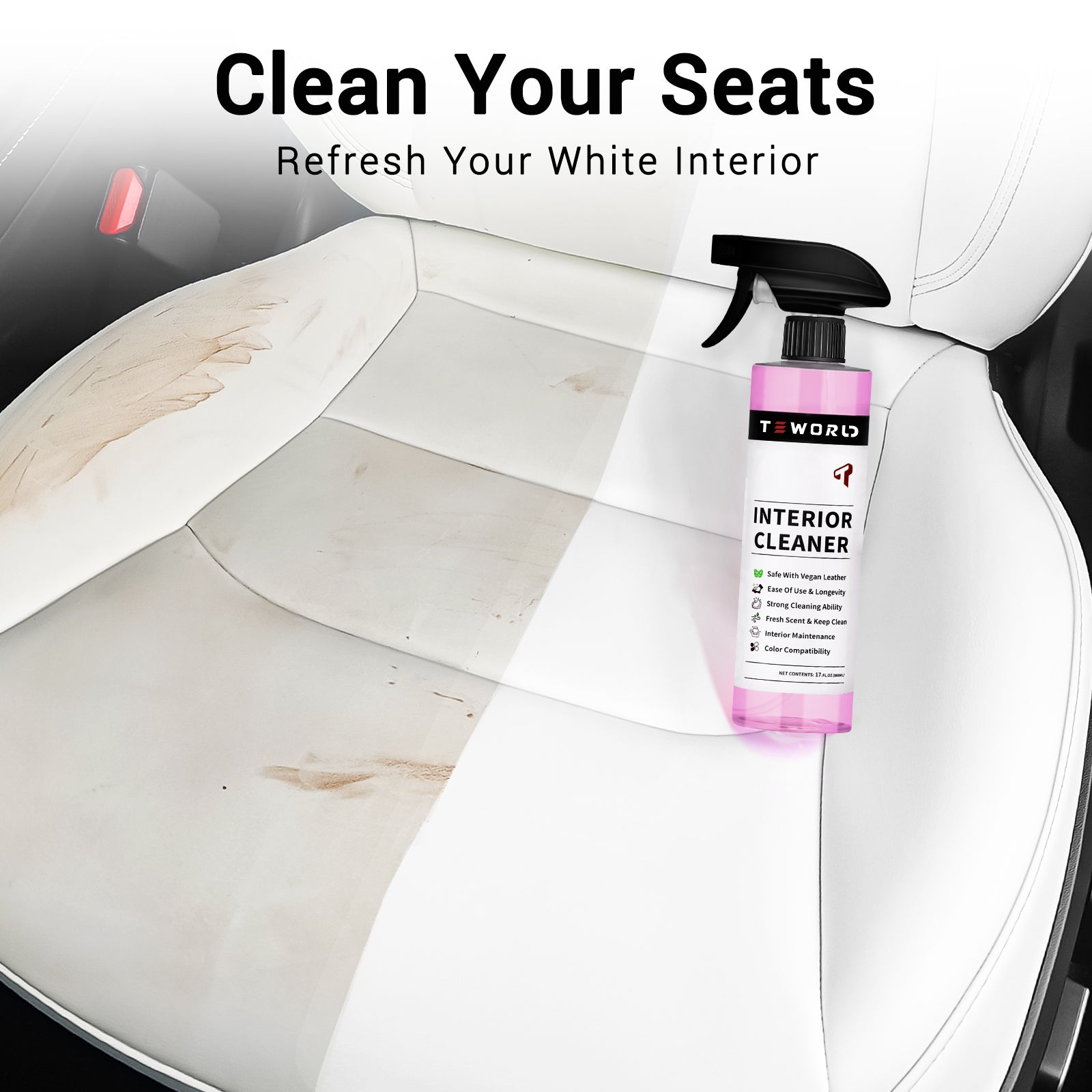 Tesla Seat Cleaner & Remover Stain, Interior Cleaner for White & Black Vegan Leather, Interior Cleaning Kit for Seats, Console, Dash, Tesla Model 3, Y, S, X, Cybertruck Accessories (Pink)