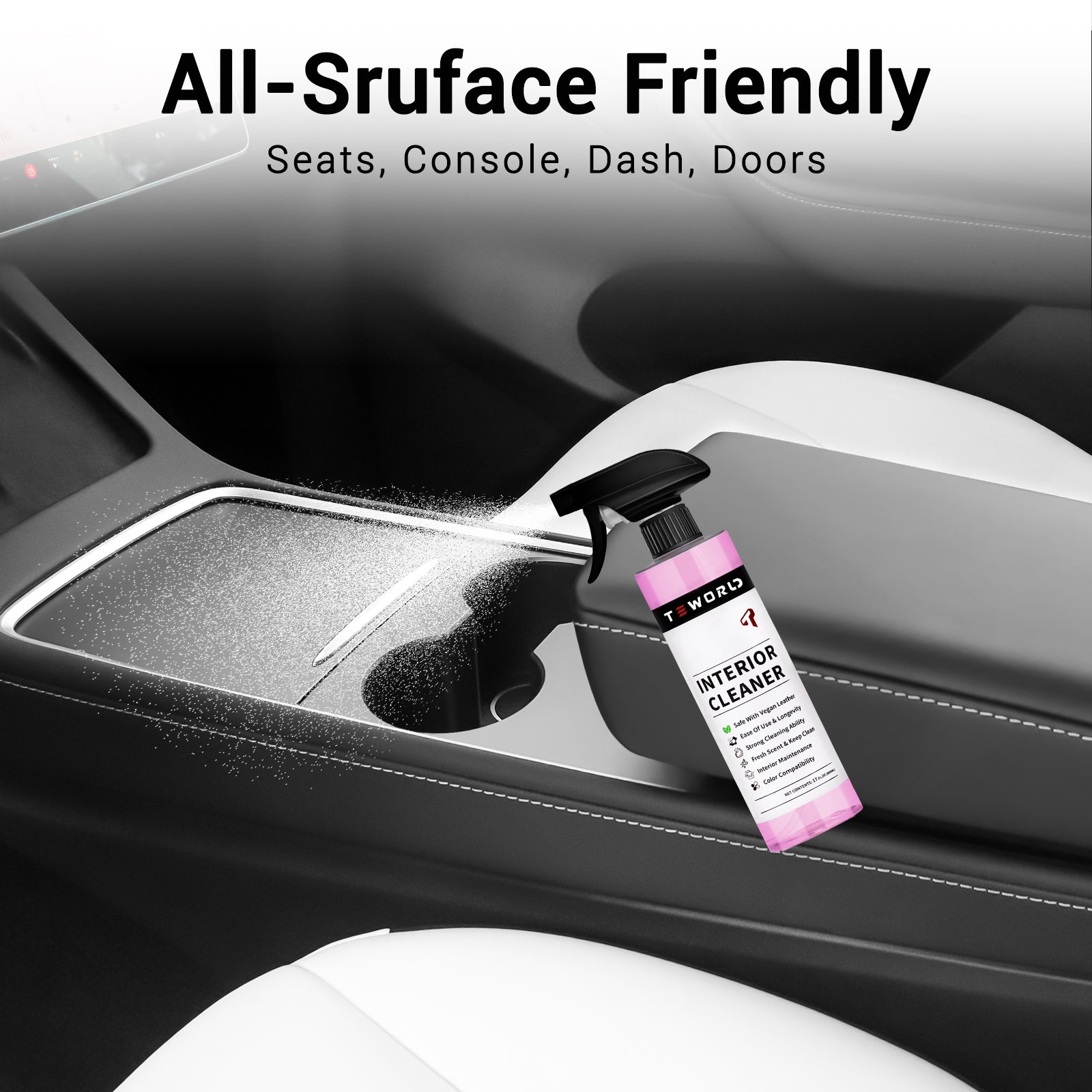 Tesla Seat Cleaner & Remover Stain, Interior Cleaner for White & Black Vegan Leather, Interior Cleaning Kit for Seats, Console, Dash, Tesla Model 3, Y, S, X, Cybertruck Accessories (Pink)