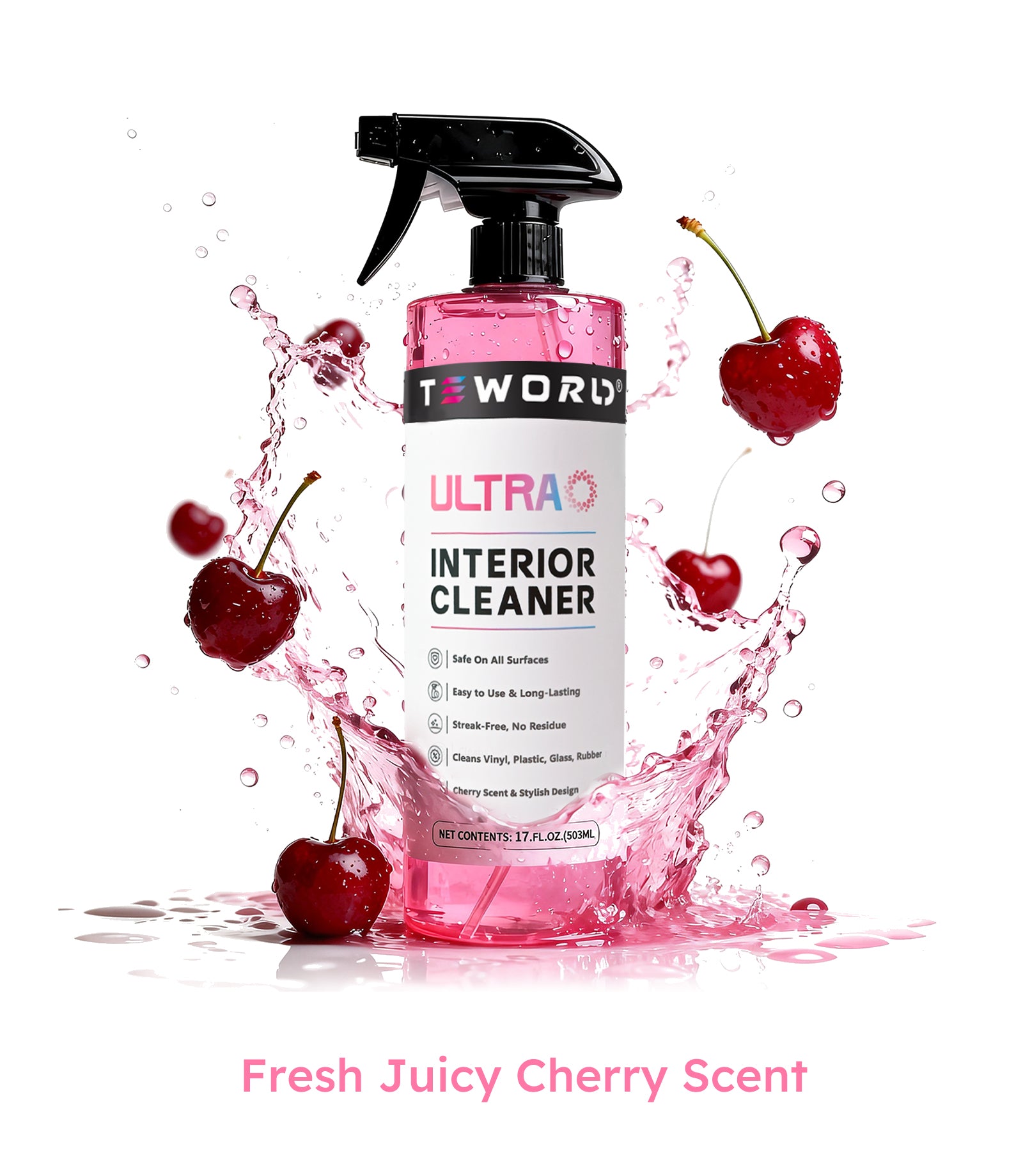 Ultra Car Interior, Seat & Upholstery Cleaner - Car Detailing Kit Removes Stains, Dirt, Oil & Grease, Safe for Leather, Vinyl, Plastic & More - Compatible with Cars, Trucks, SUVs, RVs (17Oz Cherry Scent)