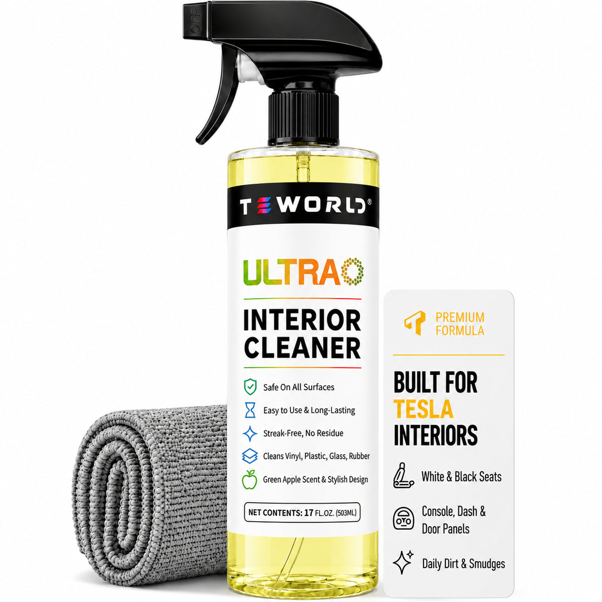 Tesla Seat Cleaner & Stain Remover, Interior Cleaner for Black & White Vegan Leather, Interior Cleaning Products | Tesla Model Y Juniper Accessories 2026, Tesla Model 3 Accessories, S, X, Cybertruck（yellow-apple scent）