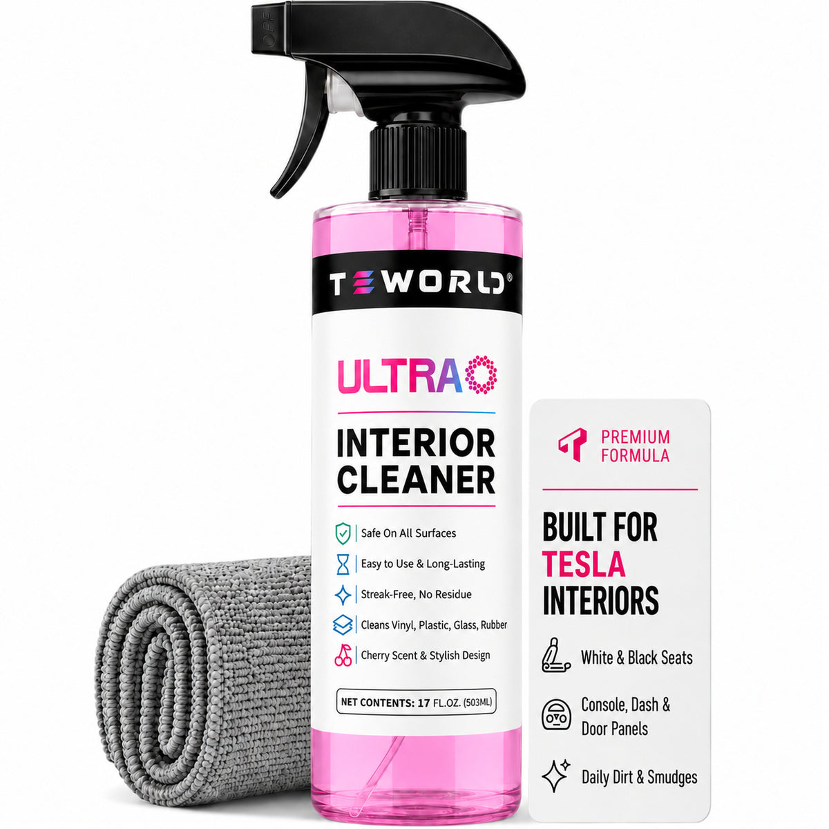 Tesla Seat Cleaner & Stain Remover, Interior Cleaner for Black & White Vegan Leather, Interior Cleaning Products | Tesla Model Y Juniper Accessories 2026, Tesla Model 3 Accessories, S, X, Cybertruck（cherry pink）