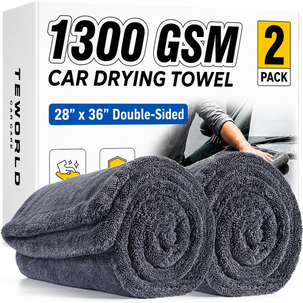 2-Pack Car Drying Towels, Large 36 x 28 Inch, 1300 GSM, Dual-Gray Twisted Loop Microfiber Towel for Cars - Absorbent Car Dry Towel and Car Wash Towel for Streak-Free, Paint-Safe Car Detailing
