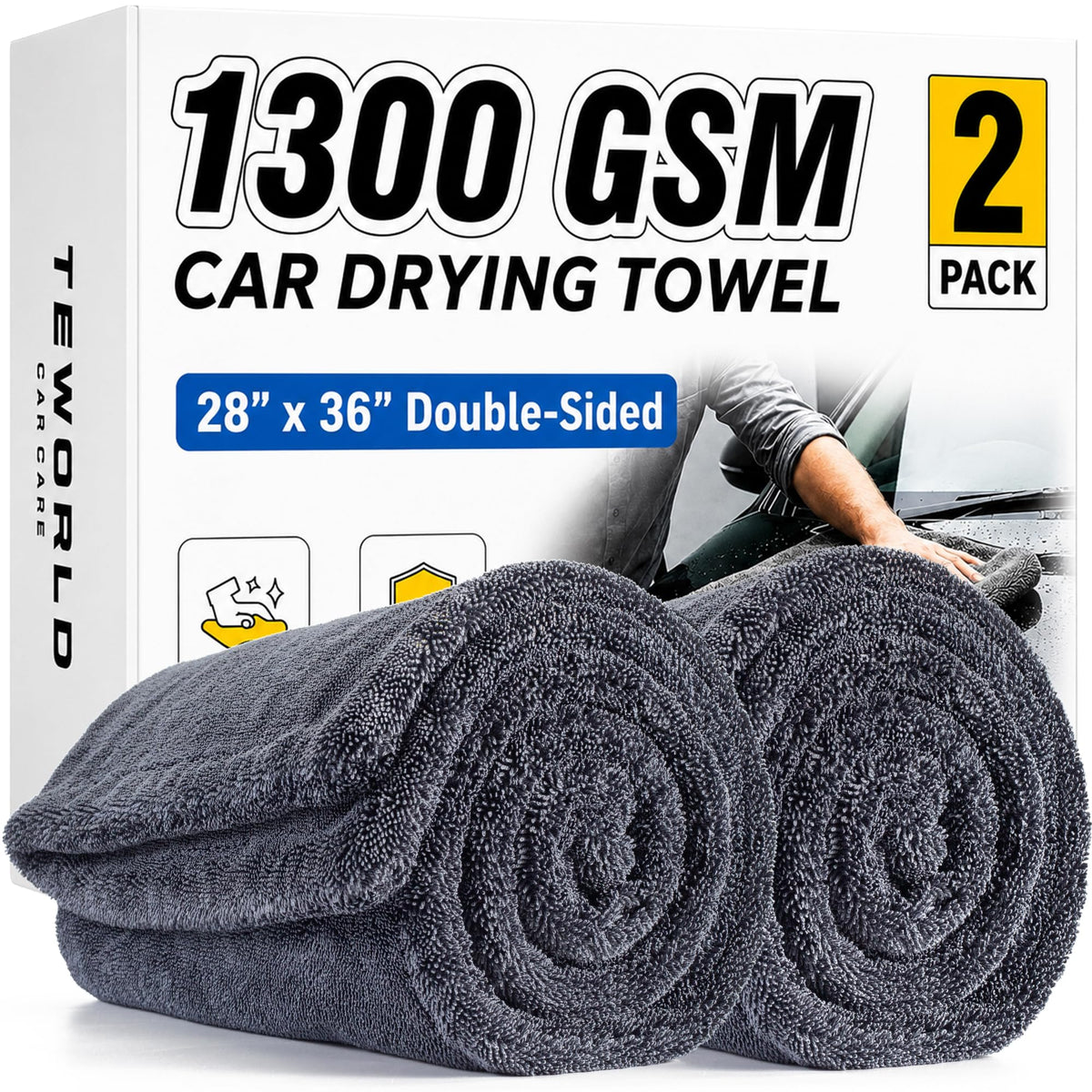 2-Pack Car Drying Towels, Large 36 x 28 Inch, 1300 GSM, Dual-Gray Twisted Loop Microfiber Towel for Cars - Absorbent Car Dry Towel and Car Wash Towel for Streak-Free, Paint-Safe Car Detailing