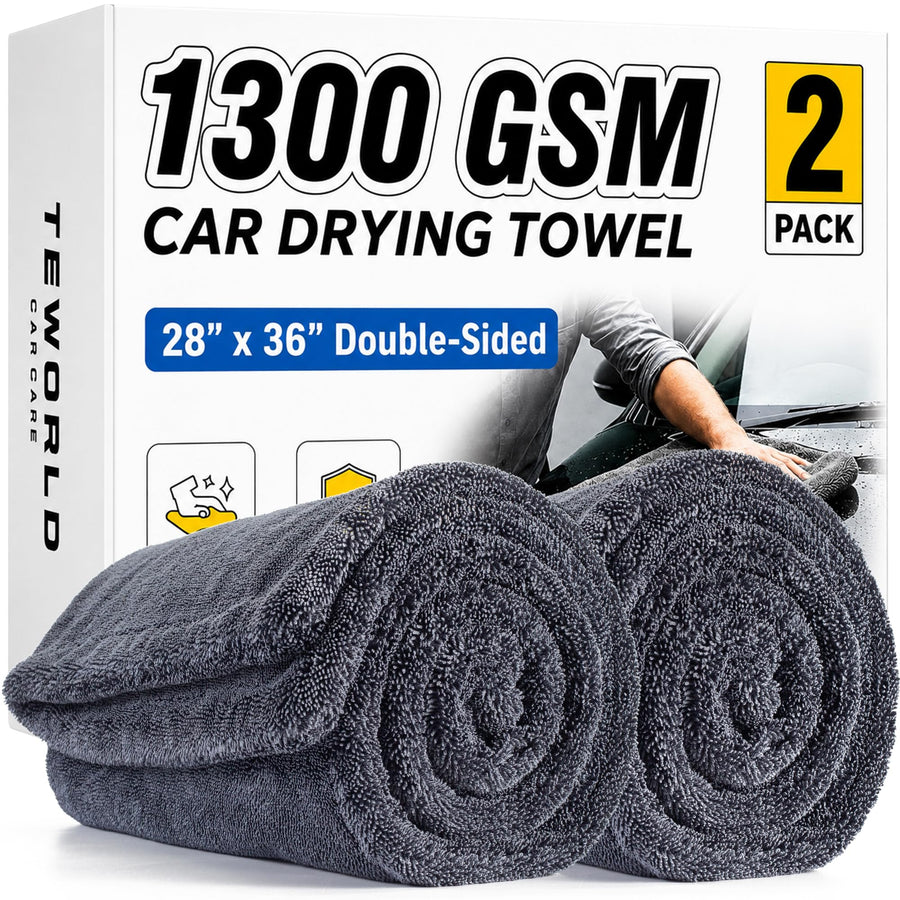 2-Pack Car Drying Towels, Large 36 x 28 Inch, 1300 GSM, Dual-Gray Twisted Loop Microfiber Towel for Cars - Absorbent Car Dry Towel and Car Wash Towel for Streak-Free, Paint-Safe Car Detailing