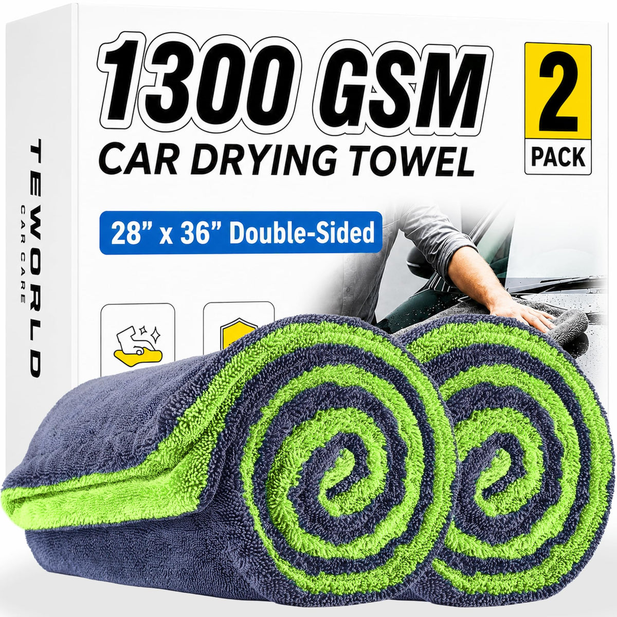 2-Pack Car Drying Towels, Large 36 x 28 Inch, 1300 GSM, Dual-Color Twisted Loop Microfiber Towel for Cars - Absorbent Car Dry Towel and Car Wash Towel for Streak-Free, Paint-Safe Car Detailing