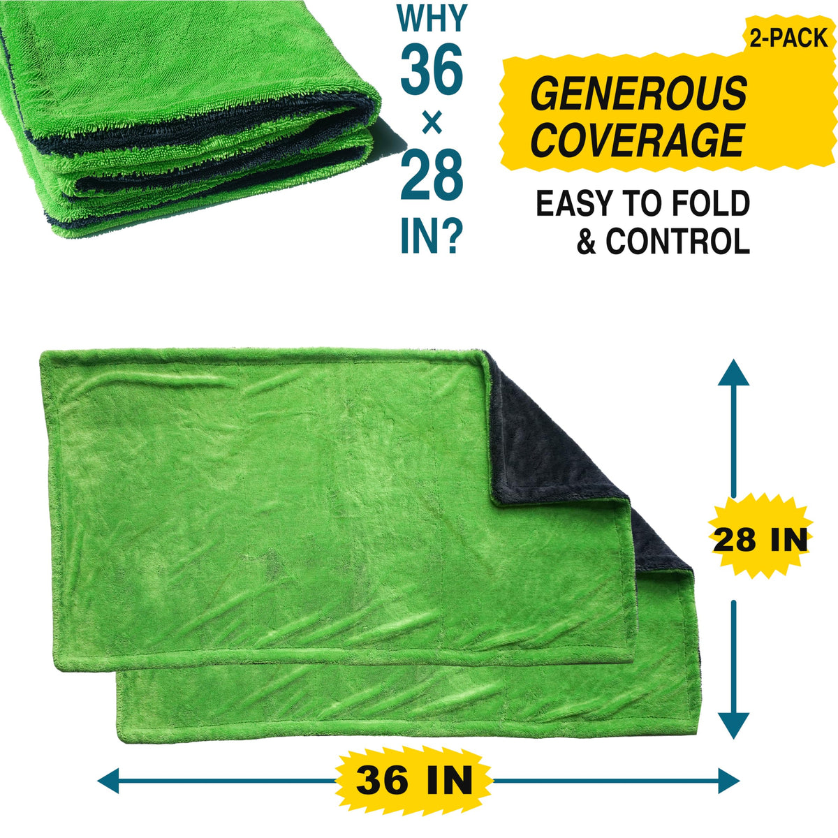 2-Pack Car Drying Towels, Large 36 x 28 Inch, 1300 GSM, Dual-Color Twisted Loop Microfiber Towel for Cars - Absorbent Car Dry Towel and Car Wash Towel for Streak-Free, Paint-Safe Car Detailing