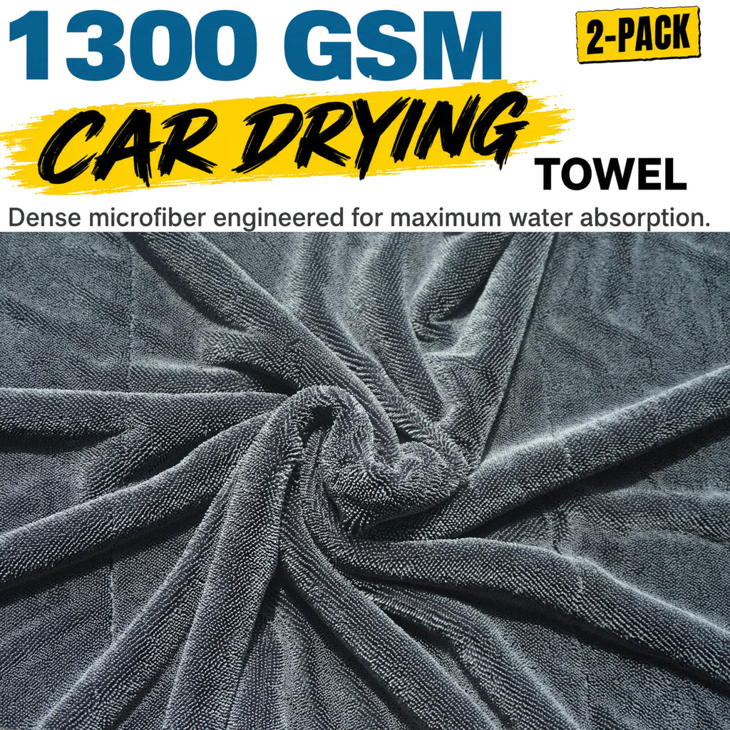 2-Pack Car Drying Towels, Large 36 x 28 Inch, 1300 GSM, Dual-Gray Twisted Loop Microfiber Towel for Cars - Absorbent Car Dry Towel and Car Wash Towel for Streak-Free, Paint-Safe Car Detailing