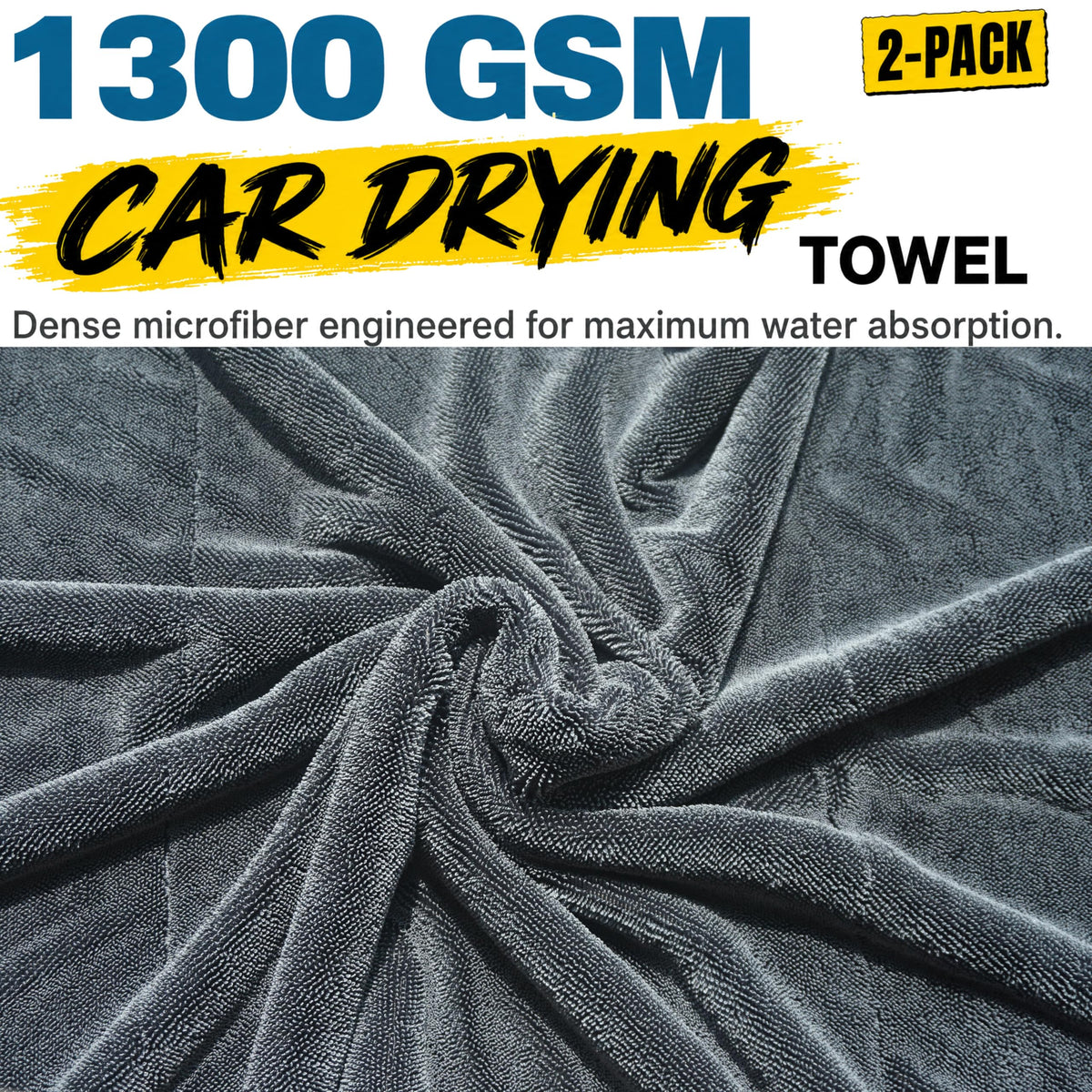 2-Pack Car Drying Towels, Large 36 x 28 Inch, 1300 GSM, Dual-Gray Twisted Loop Microfiber Towel for Cars - Absorbent Car Dry Towel and Car Wash Towel for Streak-Free, Paint-Safe Car Detailing