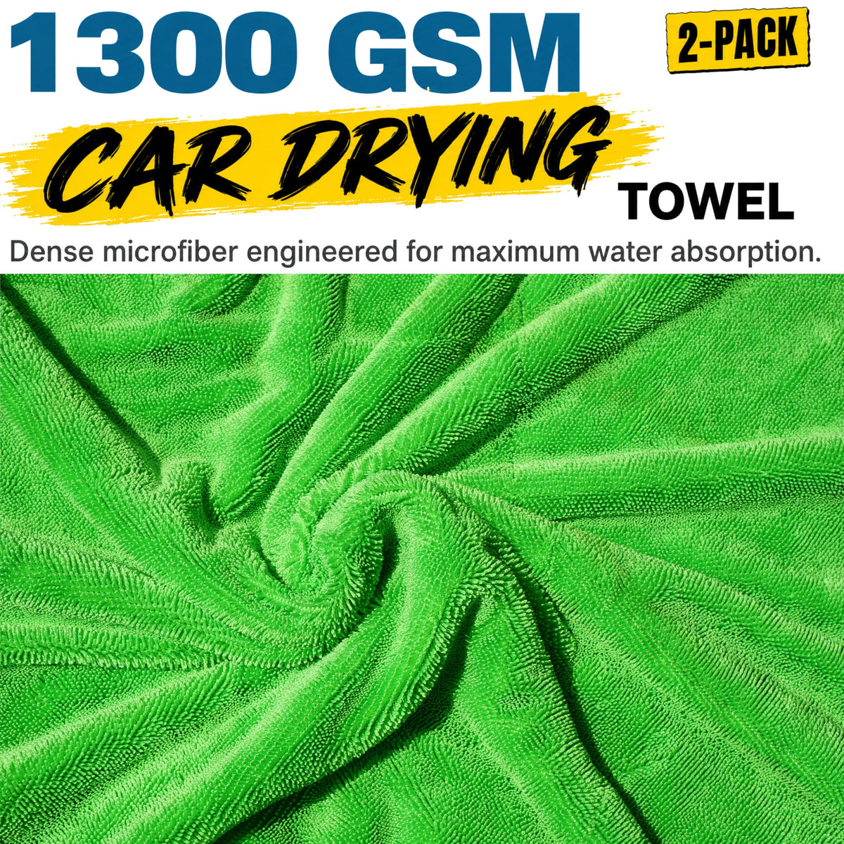 2-Pack Car Drying Towels, Large 36 x 28 Inch, 1300 GSM, Dual-Color Twisted Loop Microfiber Towel for Cars - Absorbent Car Dry Towel and Car Wash Towel for Streak-Free, Paint-Safe Car Detailing