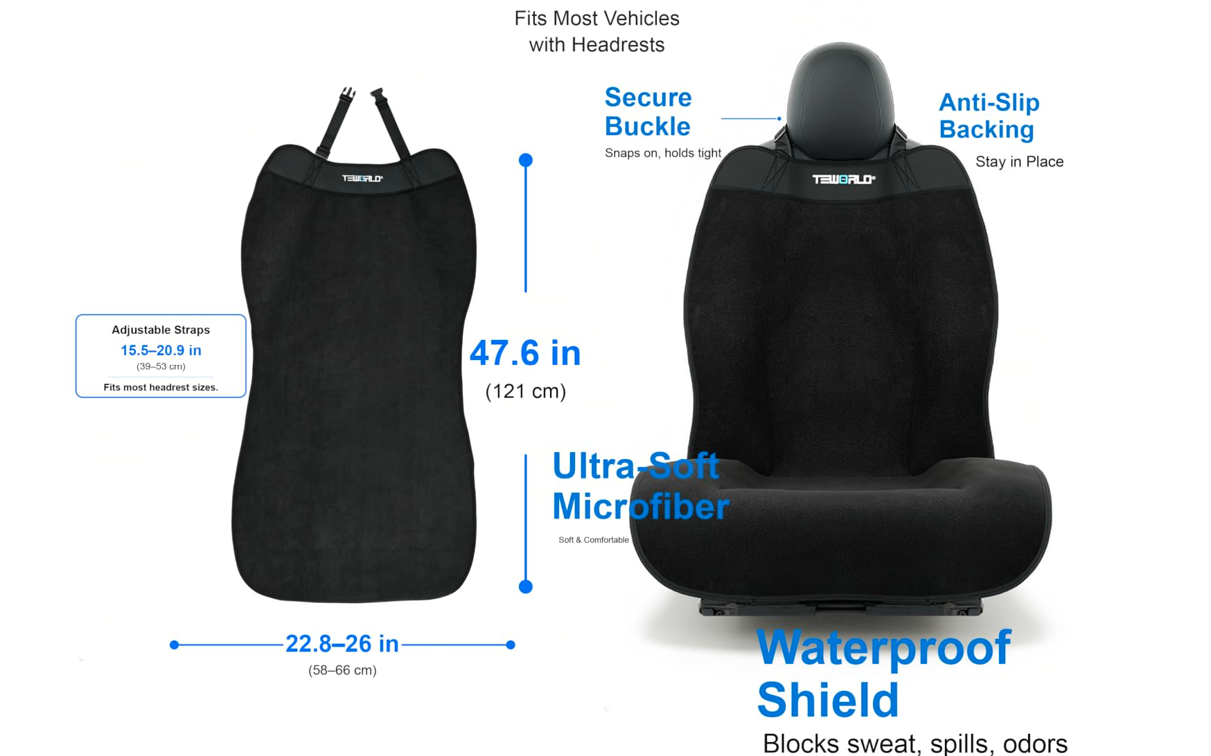 Teworld towel seat cover: 47.6 inch length, 22.8–26 inch width and 15.5–20.9 inch adjustable straps, shown hanging and fitted over a seat
